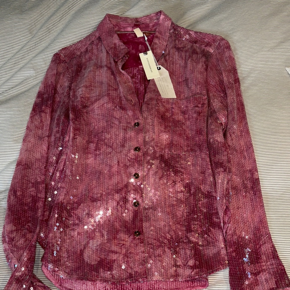 Anthropologie Pink Purple Sequin Button-Down Shirt